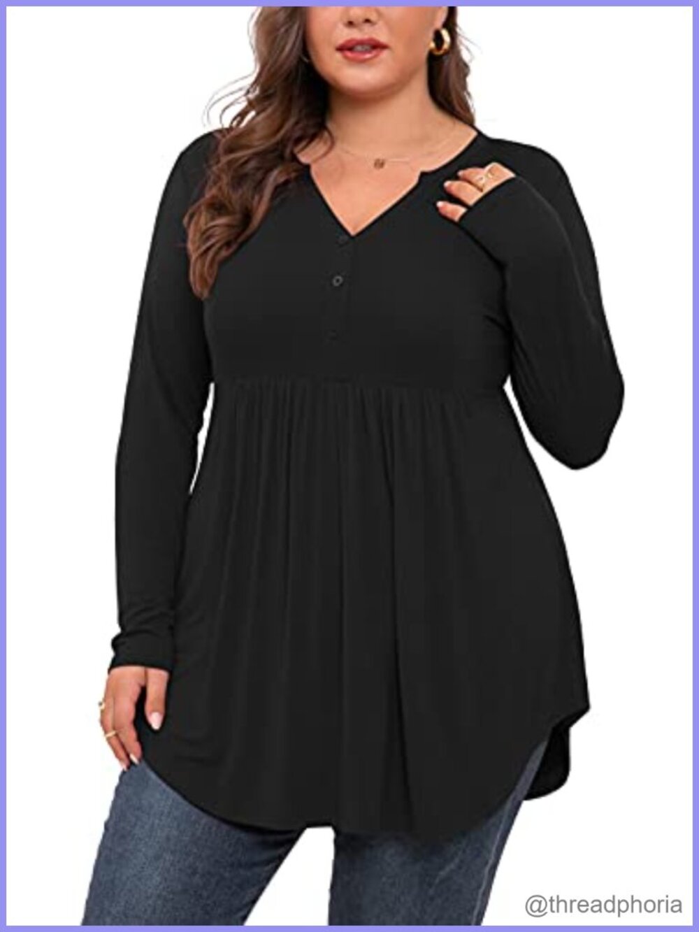 Women's Plus Size Henley V-Neck Button Tunic Top Long Sleeve Swing Blouse